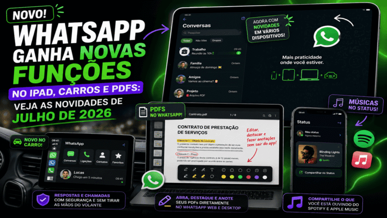 Infográfico mostrando que o WhatsApp ganha novas funções em julho de 2026: recursos para iPad, carros, edição de PDFs e músicas no Status
