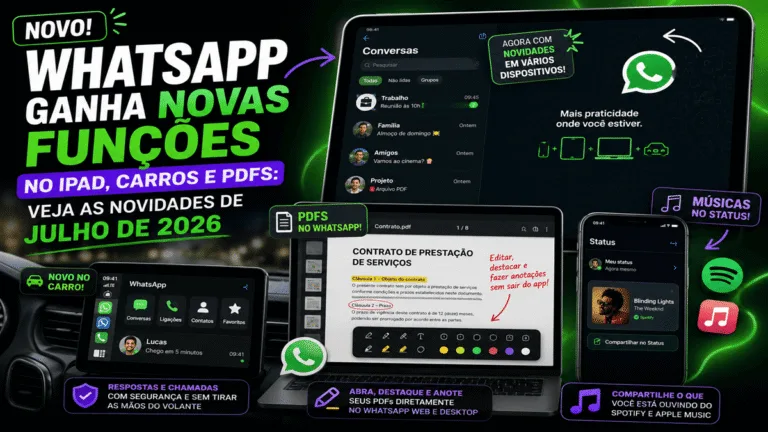 Infográfico mostrando que o WhatsApp ganha novas funções em julho de 2026: recursos para iPad, carros, edição de PDFs e músicas no Status
