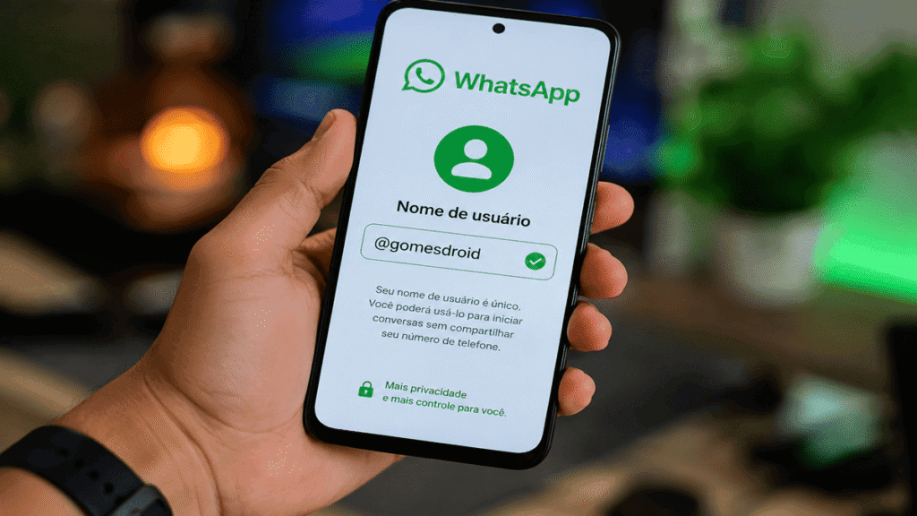Interface do WhatsApp em um smartphone mostrando a nova função de nomes de usuário, com o exemplo @gomesdroid selecionado para maior privacidade; imagem meramente ilustrativa