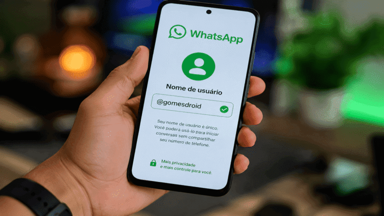 Interface do WhatsApp em um smartphone mostrando a nova função de nomes de usuário com @gomesdroid; imagem conceitual gerada por IA e meramente ilustrativa.