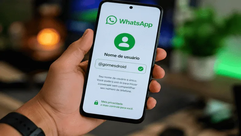 Interface do WhatsApp em um smartphone mostrando a nova função de nomes de usuário com @gomesdroid; imagem conceitual gerada por IA e meramente ilustrativa.