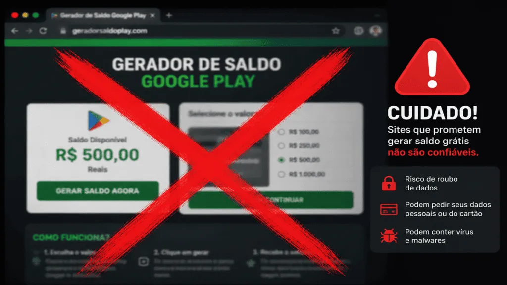 Alerta de segurança sobre como ganhar saldo no Google Play: imagem de um site falso com um X vermelho para denunciar golpes de geradores de crédito.