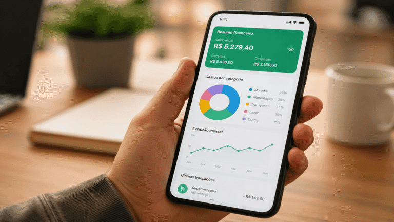 Pessoa segurando smartphone mostrando um dos melhores apps para controlar gastos em 2026 com gráficos financeiros