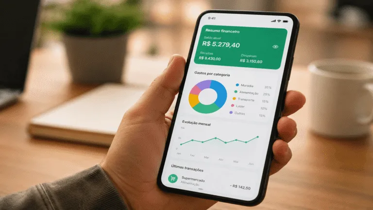 Pessoa segurando smartphone mostrando um dos melhores apps para controlar gastos em 2026 com gráficos financeiros