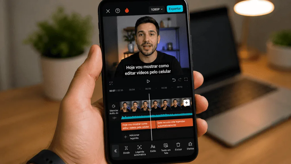 Mão segurando um smartphone com o aplicativo CapCut aberto, demonstrando o recurso de legendas automáticas sincronizadas com a fala de um criador de conteúdo. Exemplo prático de uso do melhor editor de vídeo para celular