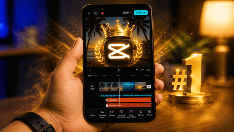 Mão segurando um smartphone que exibe a interface de edição do CapCut com uma coroa dourada sobre o logo. Ao lado do celular, um troféu dourado número um, simbolizando o melhor editor de vídeo para celular