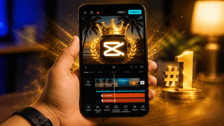 Mão segurando um smartphone que exibe a interface de edição do CapCut com uma coroa dourada sobre o logo. Ao lado do celular, um troféu dourado número um, simbolizando o melhor editor de vídeo para celular