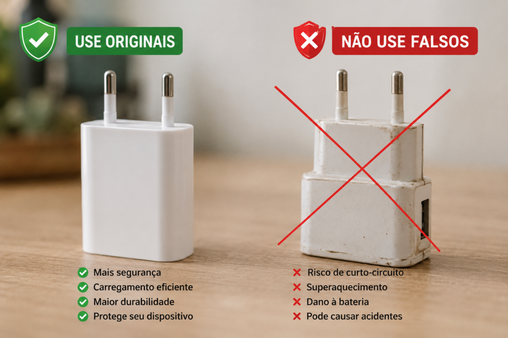 Comparativo entre carregador original e pirata para mostrar que o carregamento rápido prejudica a bateria se o acessório for ruim.