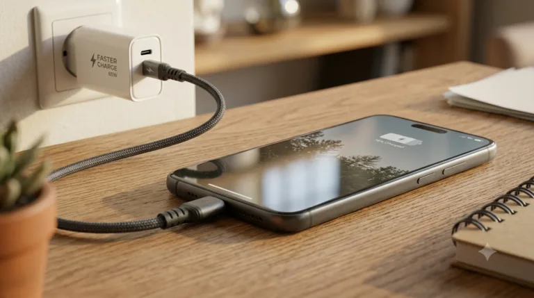Smartphone sendo carregado em um carregador de parede rápido de 65W sobre uma mesa de madeira