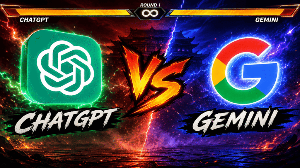 Comparativo ChatGPT ou Gemini em estilo luta de videogame com efeitos de raios e fogo.