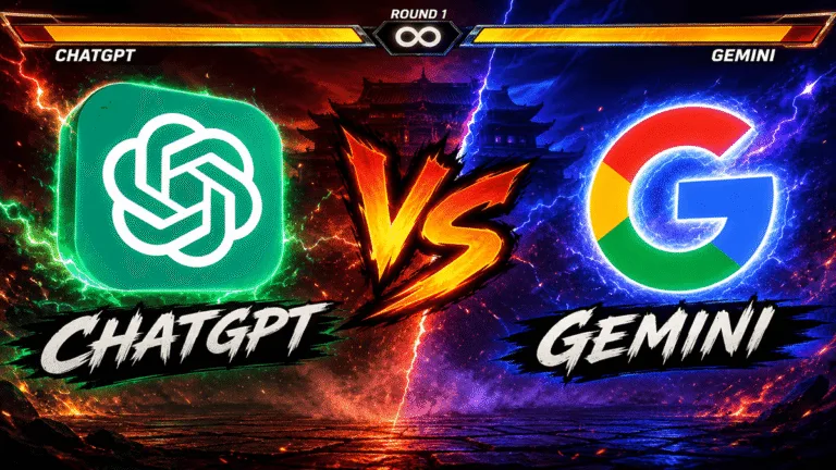 Comparativo ChatGPT ou Gemini em estilo luta de videogame com efeitos de raios e fogo.