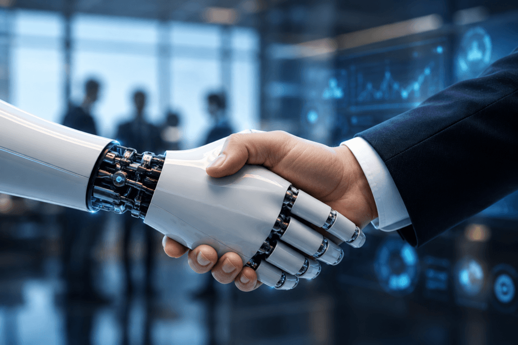 Mãos humanas e robóticas se cumprimentando em colaboração de times híbridos e Inteligência Artificial nas empresas