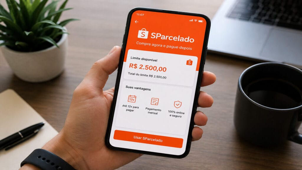 Pessoa segurando celular com a tela do SParcelado Shopee mostrando limite de 2500 reais