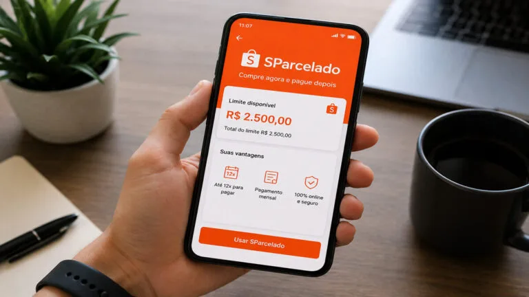 Pessoa segurando celular com a tela do SParcelado Shopee mostrando limite de 2500 reais