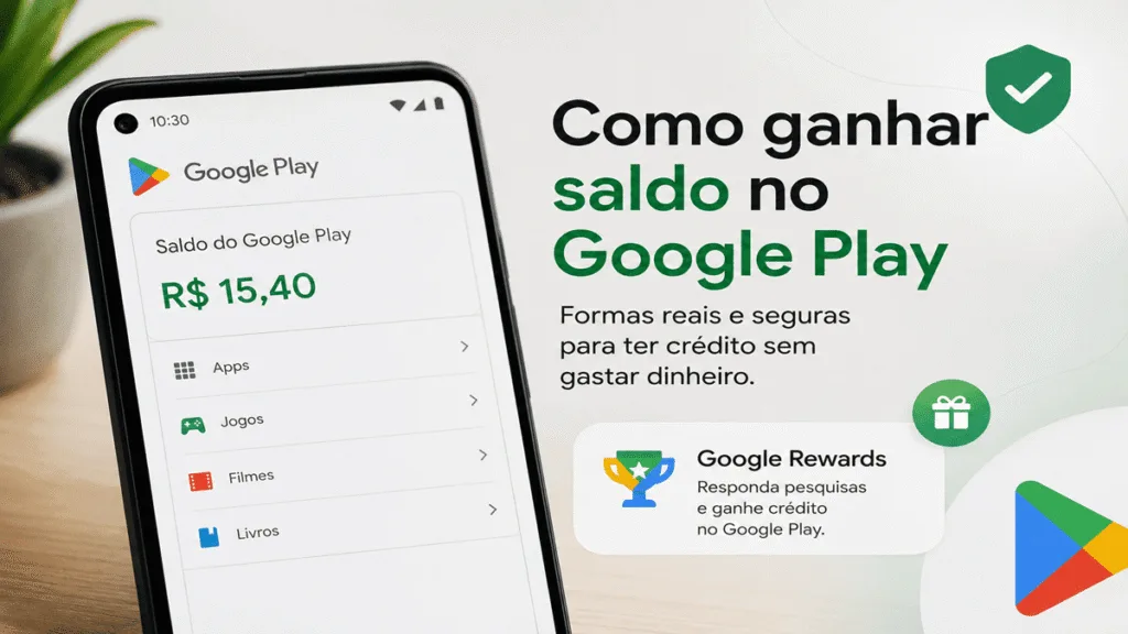Celular mostrando saldo de R$ 15,40 na Google Play e infográfico explicando como ganhar saldo no Google Play de forma real e segura através do Google Rewards
