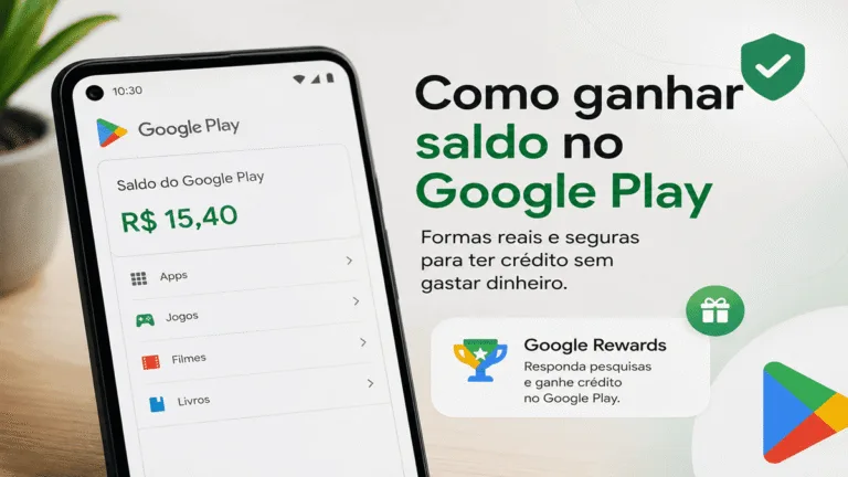 Celular mostrando saldo de R$ 15,40 na Google Play e infográfico explicando como ganhar saldo no Google Play de forma real e segura através do Google Rewards