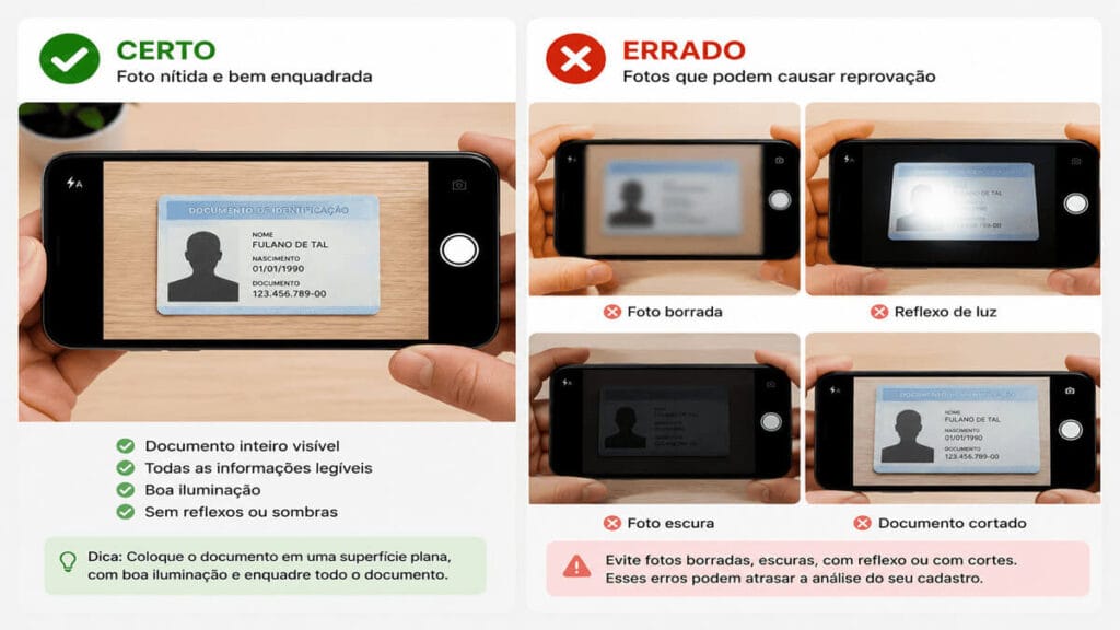 Infográfico comparativo mostrando a forma certa e errada de tirar foto do documento para o SParcelado Shopee