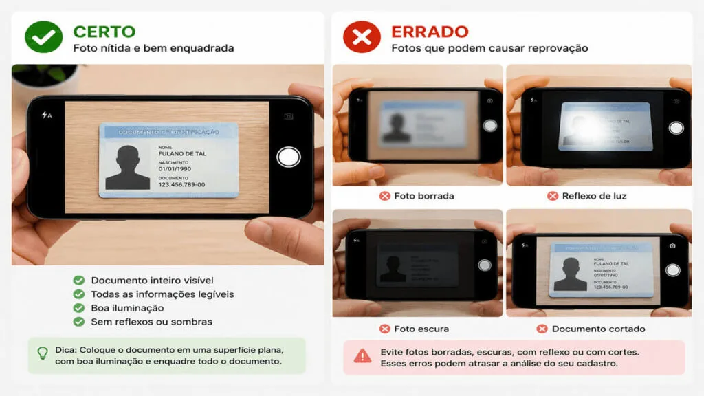 Infográfico comparativo mostrando a forma certa e errada de tirar foto do documento para o SParcelado Shopee