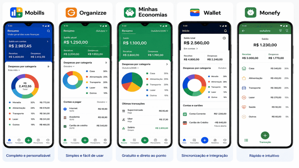 Infográfico comparativo das interfaces dos melhores apps para controlar gastos em 2026: Mobills, Organizze, Minhas Economias, Wallet e Monefy