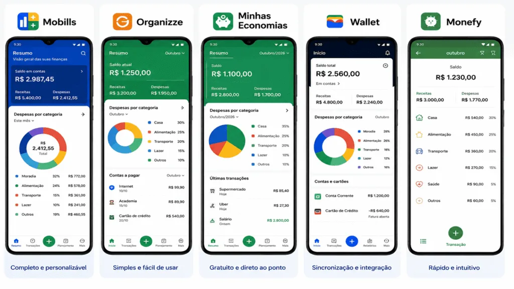 Infográfico comparativo das interfaces dos melhores apps para controlar gastos em 2026: Mobills, Organizze, Minhas Economias, Wallet e Monefy