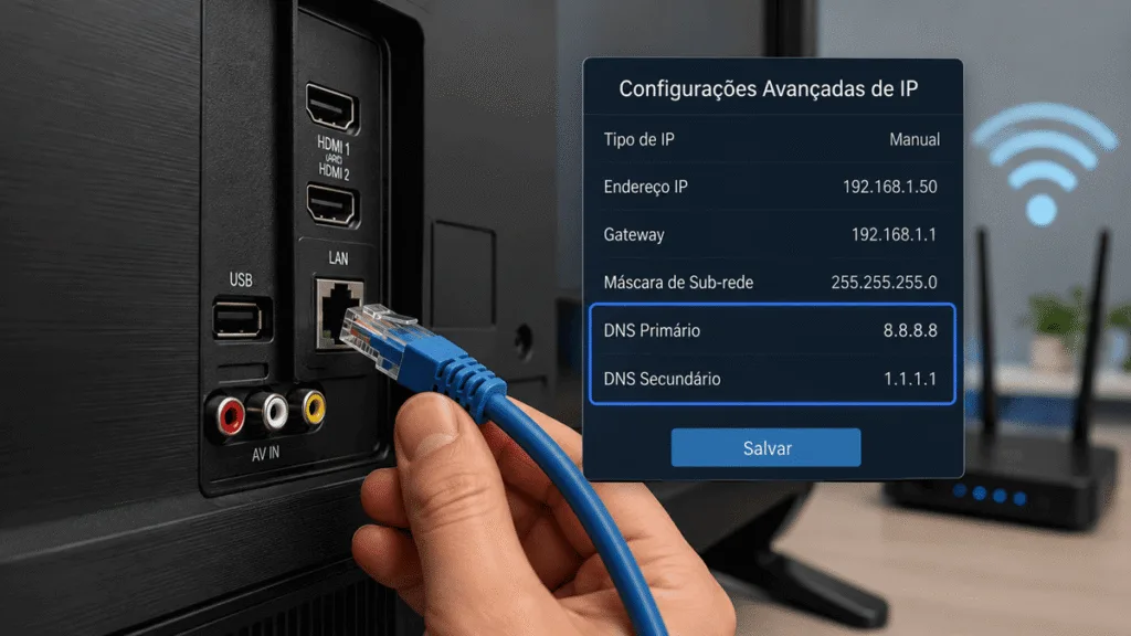 Configuração de DNS manual e cabo de rede para Smart TV não conecta ao Wi-Fi
