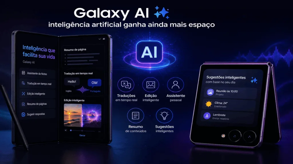 Galaxy Z Flip8: infográfico detalhando os novos recursos de inteligência artificial do Galaxy AI.