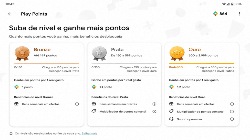 Interface do programa Google Play Points exibindo os níveis Bronze, Prata e Ouro; uma das formas reais de como ganhar saldo no Google Play em 2026.