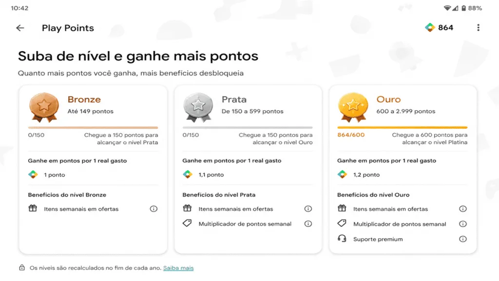Interface do programa Google Play Points exibindo os níveis Bronze, Prata e Ouro; uma das formas reais de como ganhar saldo no Google Play em 2026.