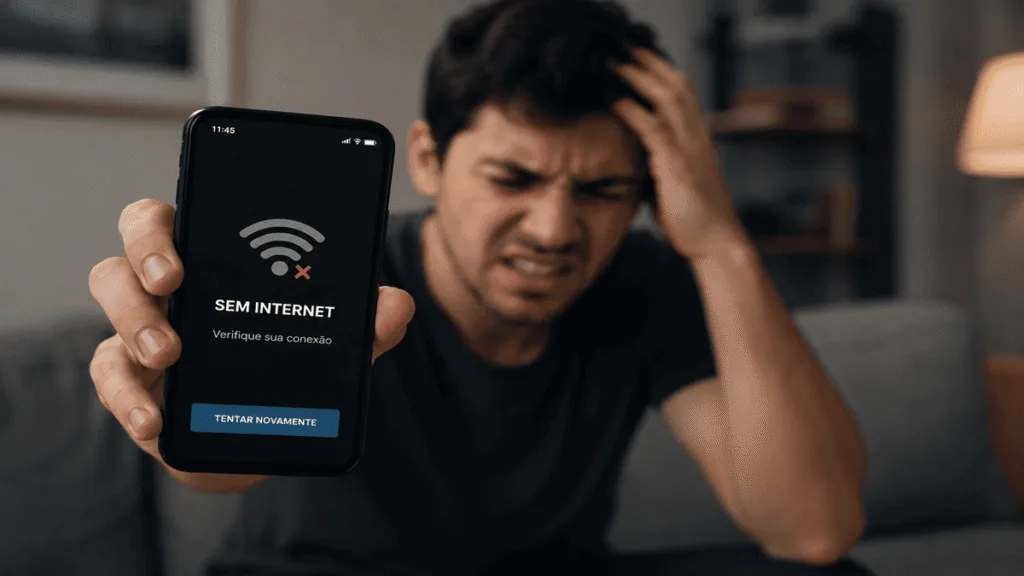Homem frustrado segurando celular com aviso de sem internet ilustrando o problema da internet que cai toda hora