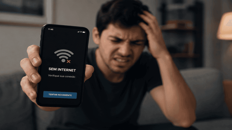 Homem frustrado segurando celular com aviso de sem internet ilustrando o problema da internet que cai toda hora