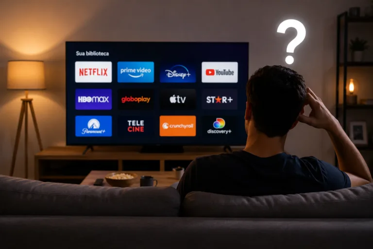 Pessoa escolhendo entre as melhores plataformas de streaming em 2026 na Smart TV