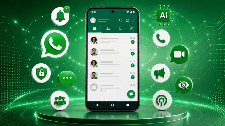 Interface do aplicativo WhatsApp com ícones de novidades e tecnologia para 2026.