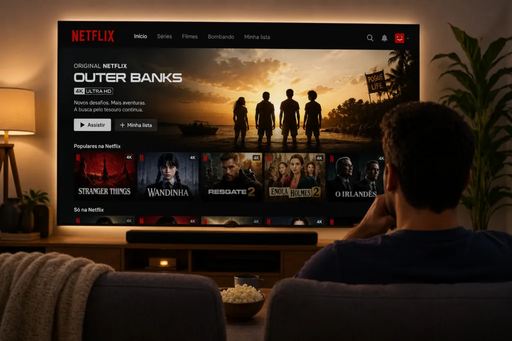 Interface da Netflix exibindo filmes em 4K, uma das melhores plataformas de streaming em 2026.