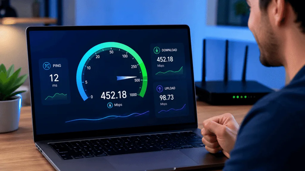 Resultado de um teste de velocidade de internet em um notebook, exibindo alta conexão de 452 Mbps e ping estável de 12ms, com um roteador Wi-Fi ao fundo