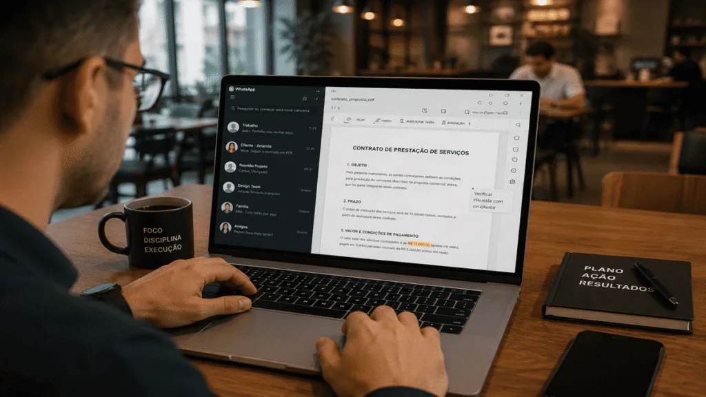Homem usando notebook para editar um arquivo PDF no WhatsApp Web; o WhatsApp ganha novas funções em julho de 2026