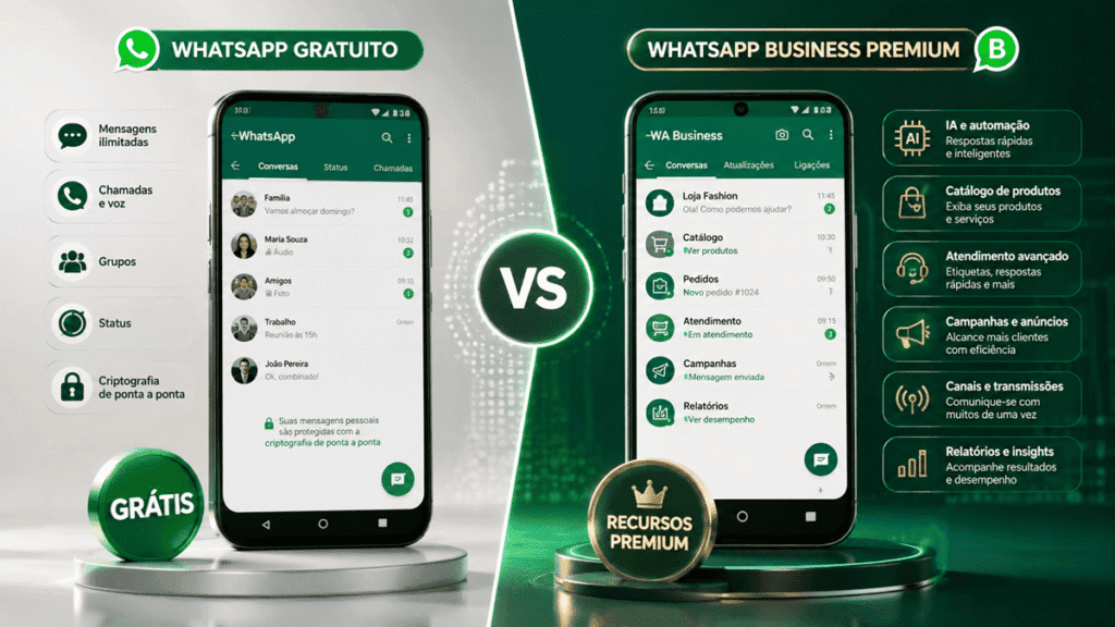 Comparativo entre WhatsApp Gratuito e WhatsApp Business Premium em 2026, destacando recursos de IA, catálogo e automação.