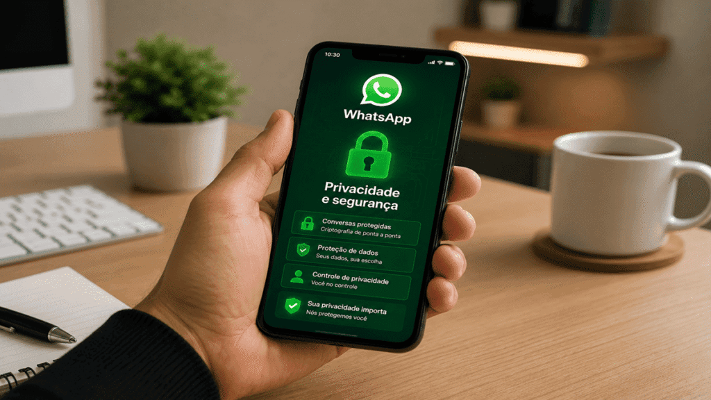 Mão segurando um smartphone que exibe a tela de 'Privacidade e segurança' do WhatsApp com um ícone de cadeado verde.