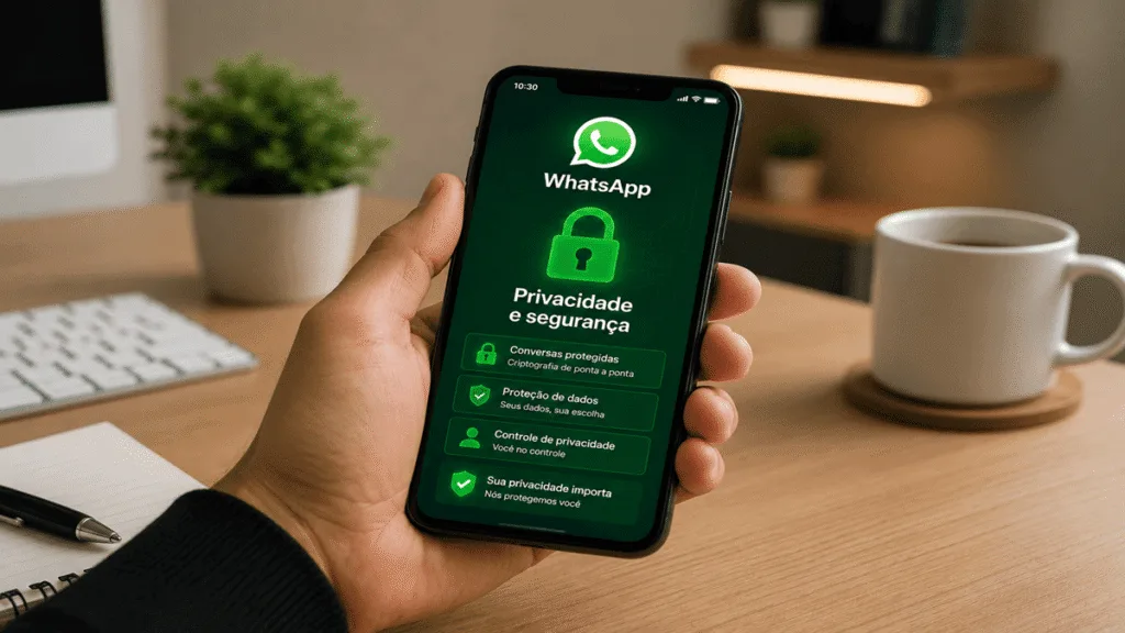 Mão segurando um smartphone que exibe a tela de 'Privacidade e segurança' do WhatsApp com um ícone de cadeado verde.