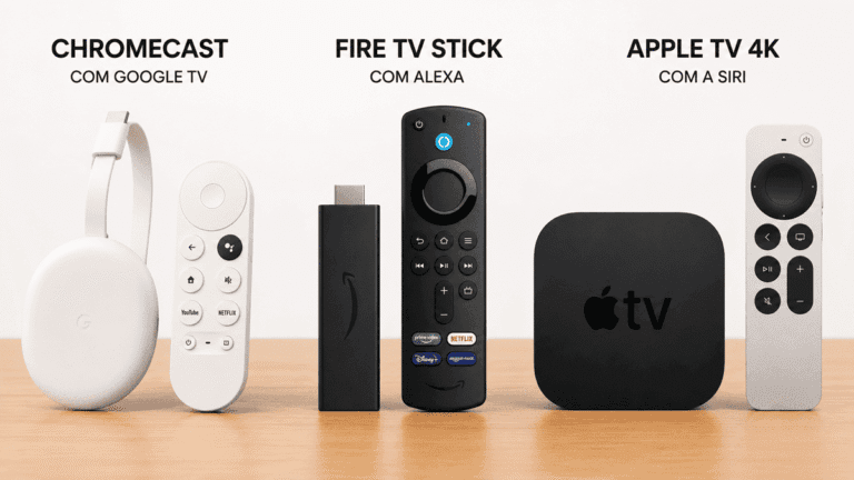 Comparativo da melhor TV Box 2026: Chromecast com Google TV, Fire TV Stick com Alexa e Apple TV 4K com Siri