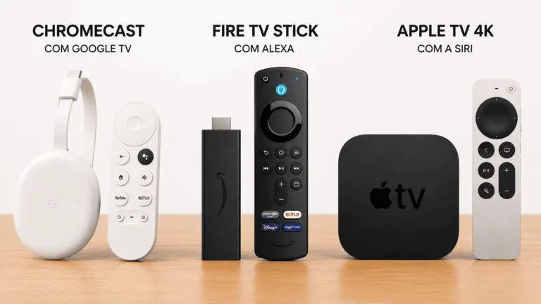 Comparativo da melhor TV Box 2026: Chromecast com Google TV, Fire TV Stick com Alexa e Apple TV 4K com Siri