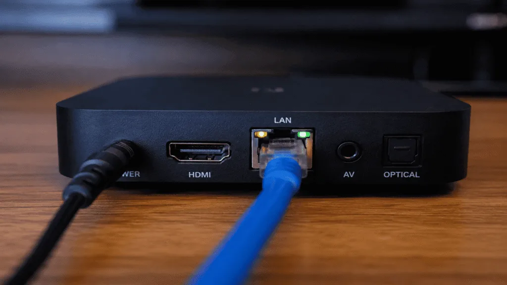 Cabo de rede Ethernet azul conectado na porta LAN de uma TV Box para garantir estabilidade no streaming 4K