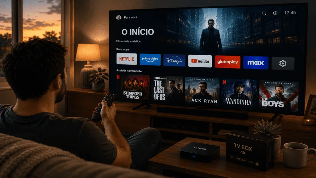 Homem usando a melhor TV Box 2026 em uma sala moderna com interface de streaming em português