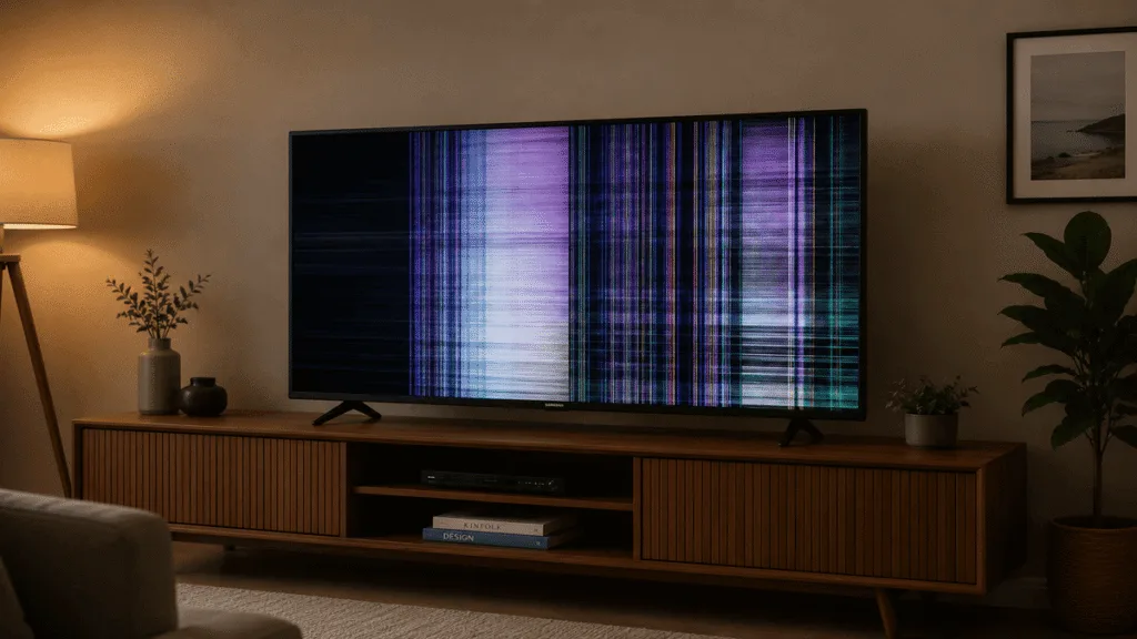 Smart TV em uma sala de estar moderna apresentando defeito grave na tela, com diversas linhas verticais roxas, pretas e coloridas cobrindo toda a imagem