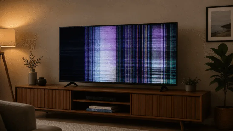 Smart TV em uma sala de estar moderna apresentando defeito grave na tela, com diversas linhas verticais roxas, pretas e coloridas cobrindo toda a imagem